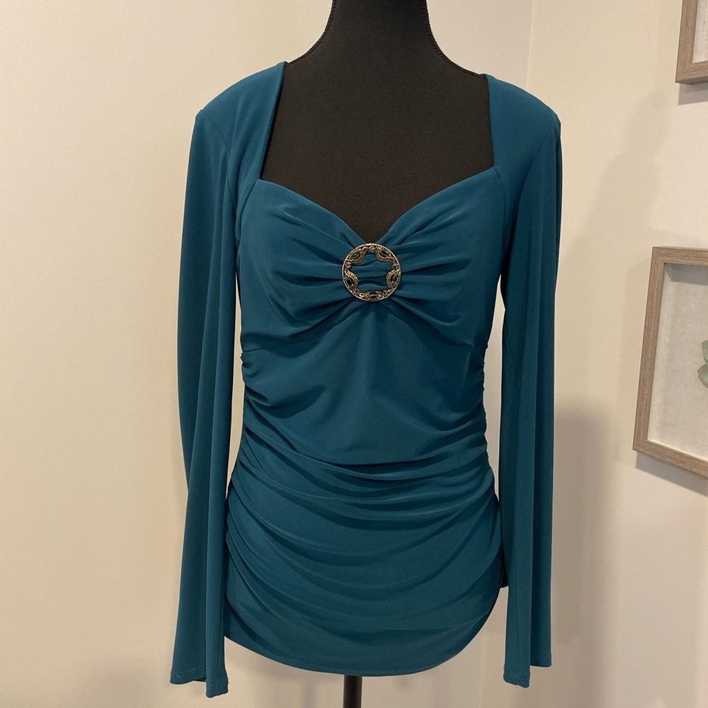 Vintage Frank Lyman Teal Gathered Blouse with Bust Bling GUC
